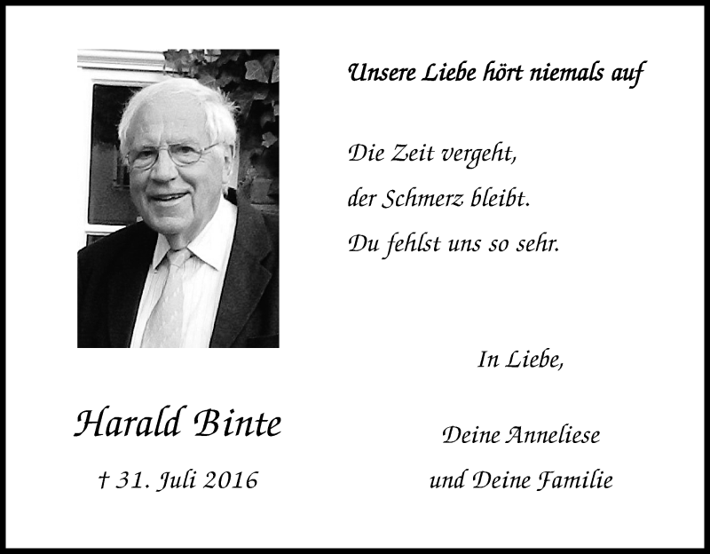  Traueranzeige für Harald Binte vom 31.07.2018 aus HS