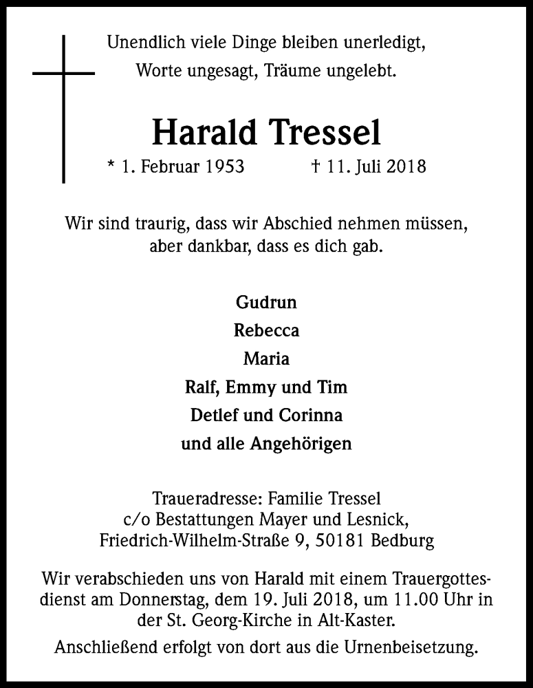  Traueranzeige für Harald Tressel vom 14.07.2018 aus BG