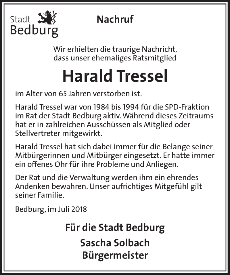  Traueranzeige für Harald Tressel vom 21.07.2018 aus  Sonntags-Post 