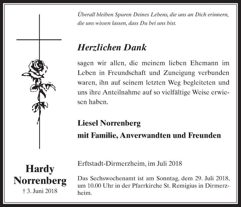  Traueranzeige für Hardy Norrenberg vom 25.07.2018 aus  Werbepost 