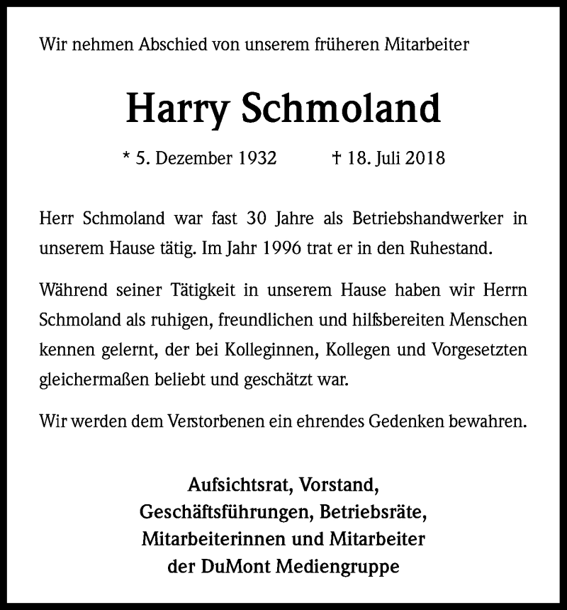  Traueranzeige für Harry Schmoland vom 28.07.2018 aus EXG