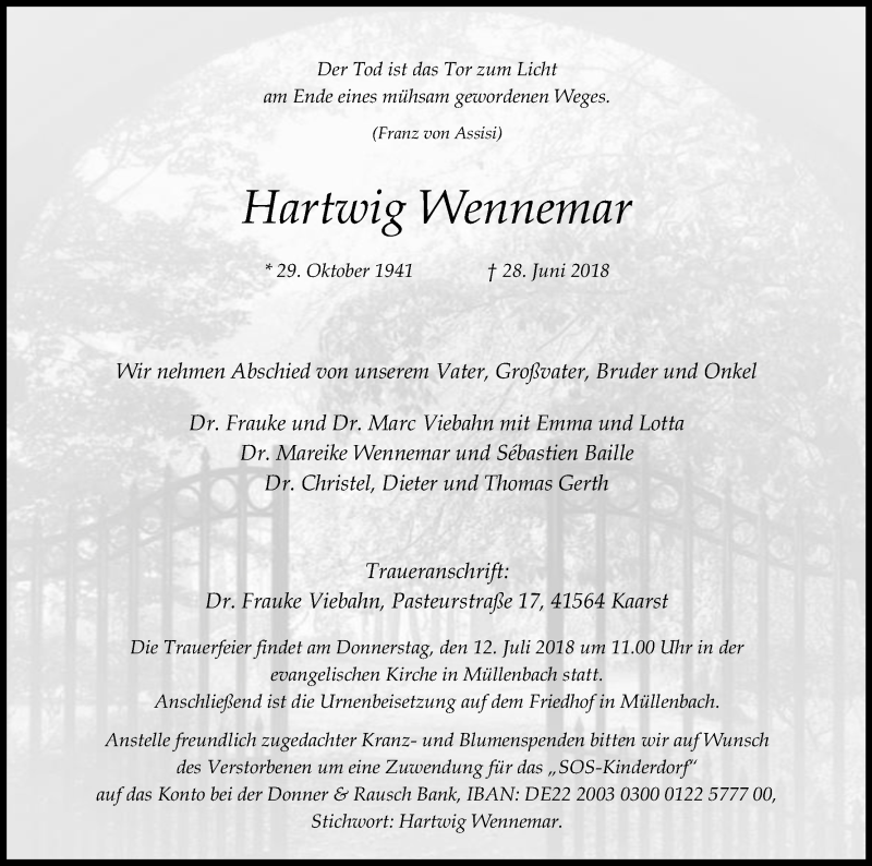  Traueranzeige für Hartwig Wennemar vom 11.07.2018 aus OB