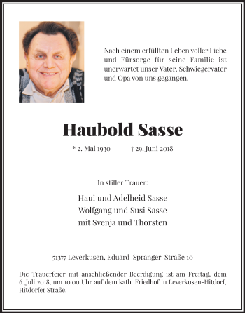 Anzeige von Haubold Sasse von SLE