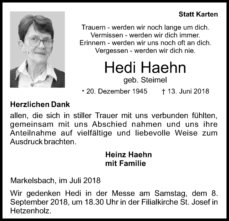  Traueranzeige für Hedi Haehn vom 28.07.2018 aus HS