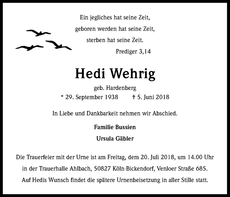  Traueranzeige für Hedi Wehrig vom 14.07.2018 aus GS