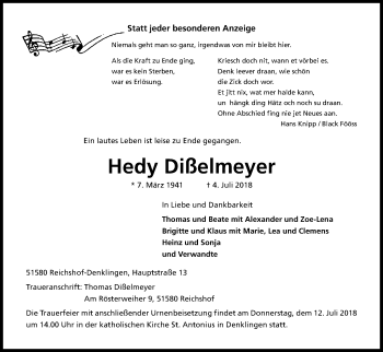 Anzeige von Hedy Dißelmeyer von OB
