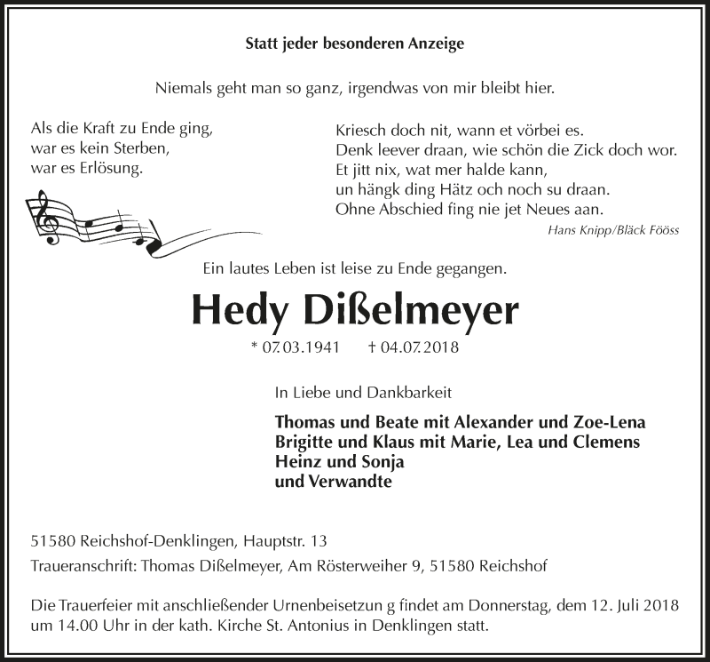  Traueranzeige für Hedy Dißelmeyer vom 11.07.2018 aus  Anzeigen Echo  Lokalanzeiger 
