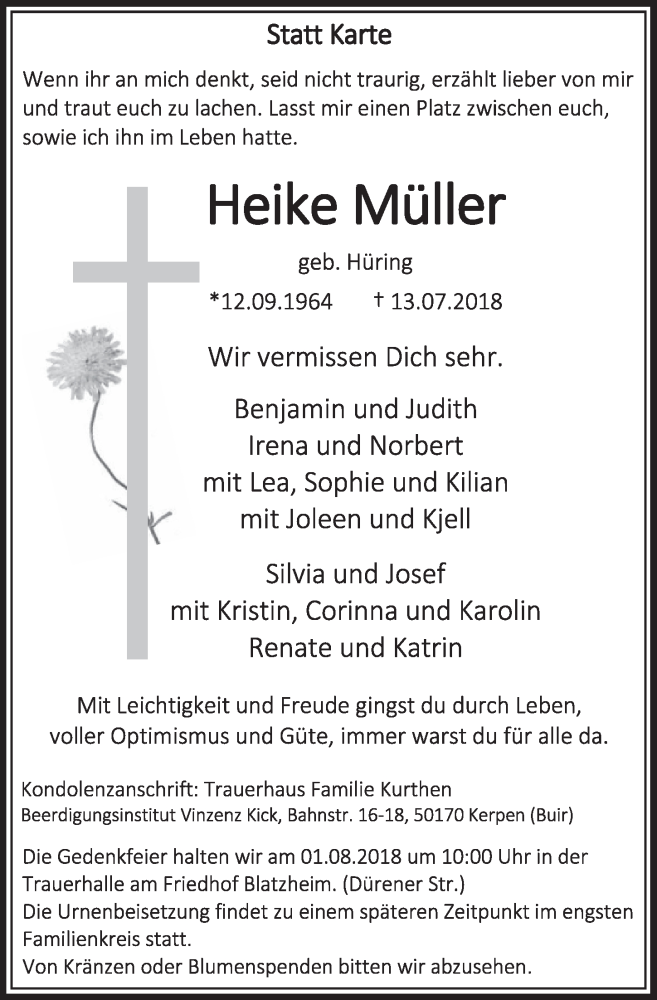  Traueranzeige für Heike Müller vom 28.07.2018 aus  Sonntags-Post 