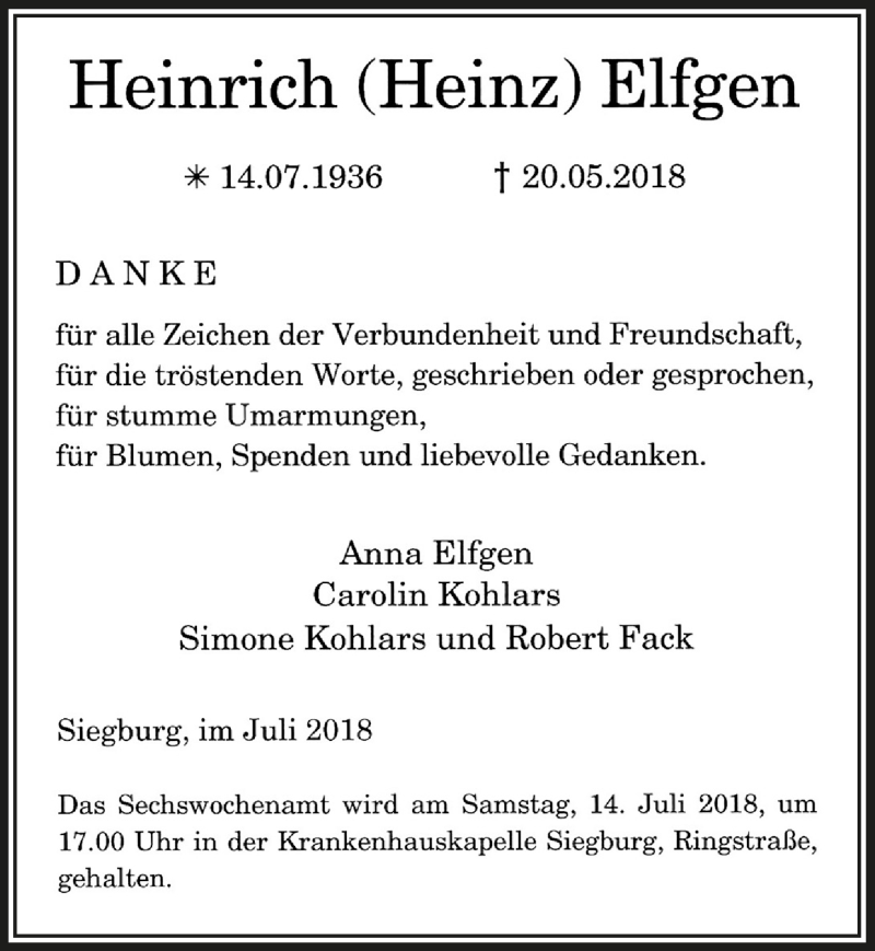  Traueranzeige für Heinrich Elfgen vom 04.07.2018 aus  Extra Blatt 