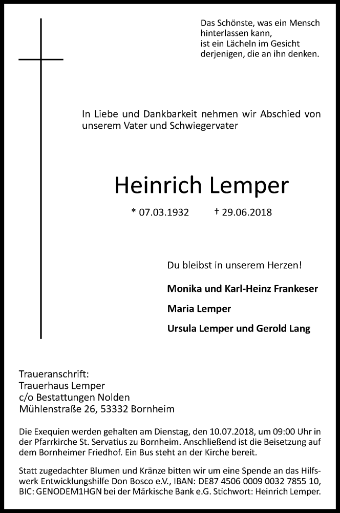  Traueranzeige für Heinrich Lemper vom 07.07.2018 aus HS