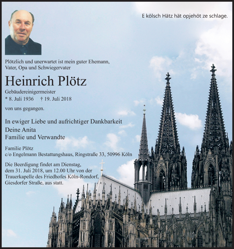  Traueranzeige für Heinrich Plötz vom 28.07.2018 aus GS