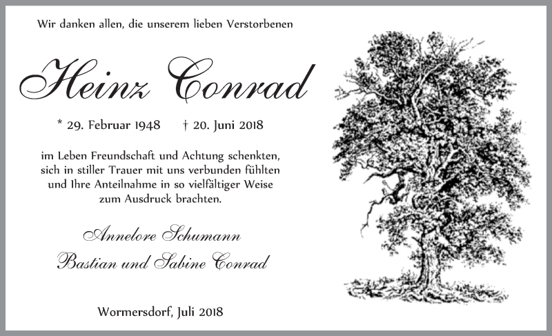  Traueranzeige für Heinz Conrad vom 01.08.2018 aus  Schaufenster/Blickpunkt 