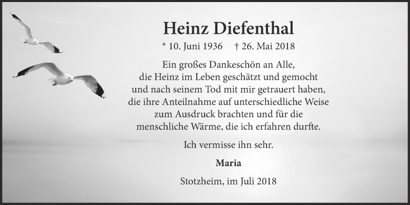  Traueranzeige für Heinz Diefenthal vom 14.07.2018 aus  Blickpunkt Euskirchen 