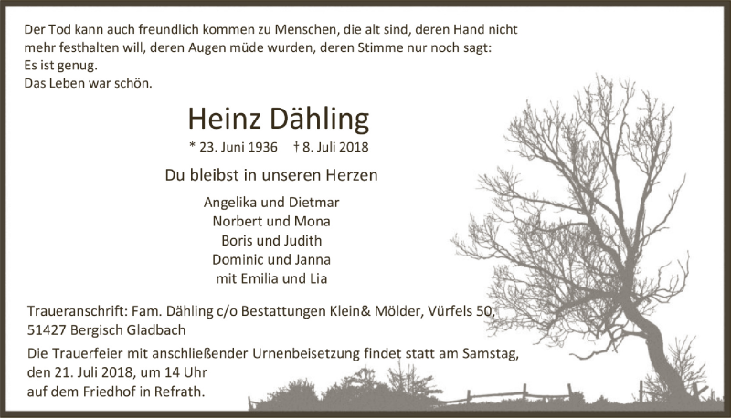  Traueranzeige für Heinz Dähling vom 14.07.2018 aus  Bergisches Sonntagsblatt 