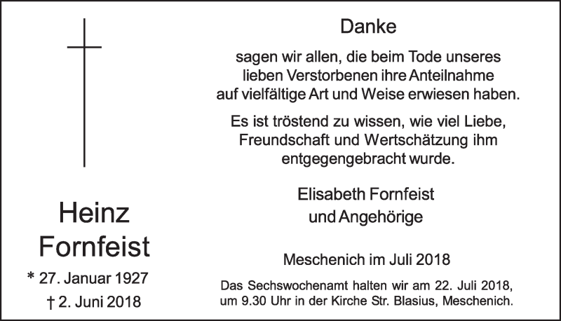  Traueranzeige für Heinz Fornfeist vom 18.07.2018 aus  Schlossbote/Werbekurier 