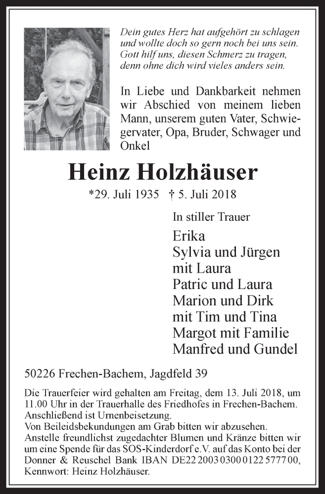  Traueranzeige für Heinz Holzhäuser vom 11.07.2018 aus  Wochenende 