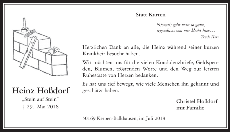  Traueranzeige für Heinz Hoßdorf vom 11.07.2018 aus  Wochenende  Werbepost 