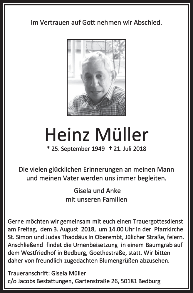  Traueranzeige für Heinz Müller vom 28.07.2018 aus  Sonntags-Post 