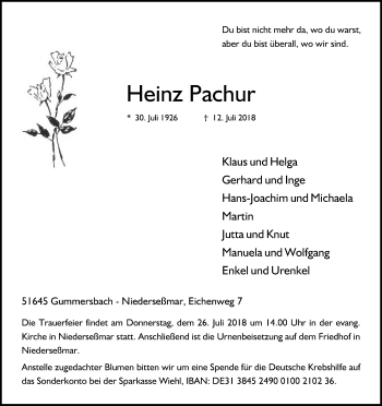 Anzeige von Heinz Pachur von OB