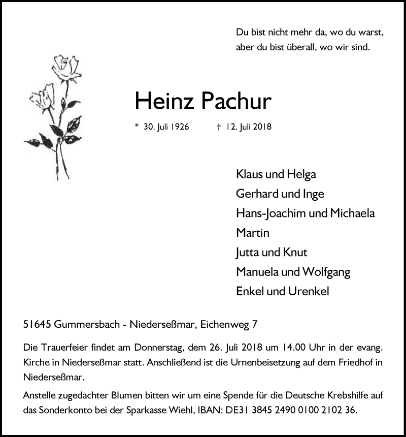  Traueranzeige für Heinz Pachur vom 18.07.2018 aus  Anzeigen Echo 