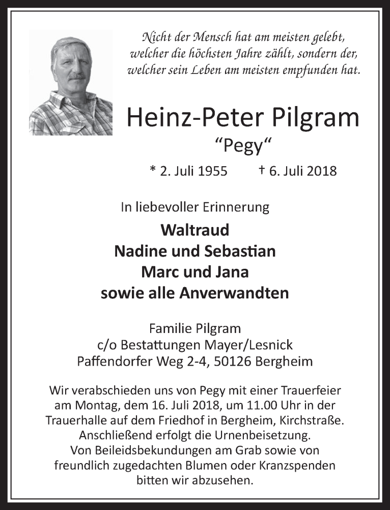 Traueranzeige für Heinz-Peter Pilgram vom 11.07.2018 aus  Werbepost 