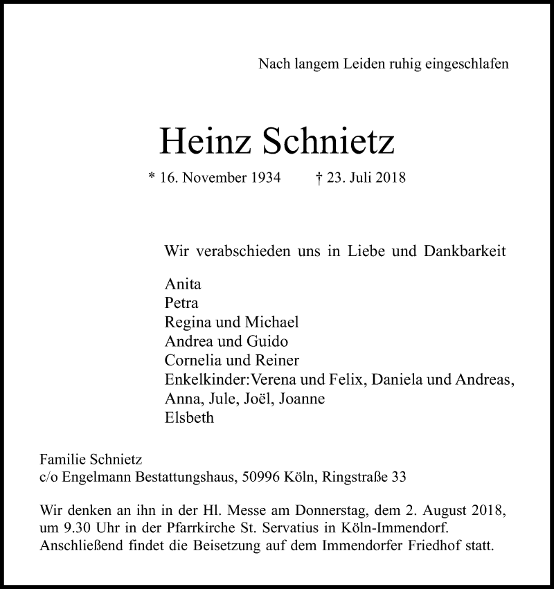  Traueranzeige für Heinz Schnietz vom 28.07.2018 aus GS