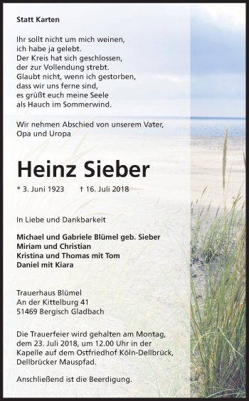 Anzeige von Heinz Sieber von RB