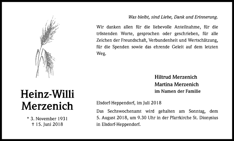  Traueranzeige für Heinz-Willi Merzenich vom 28.07.2018 aus BG