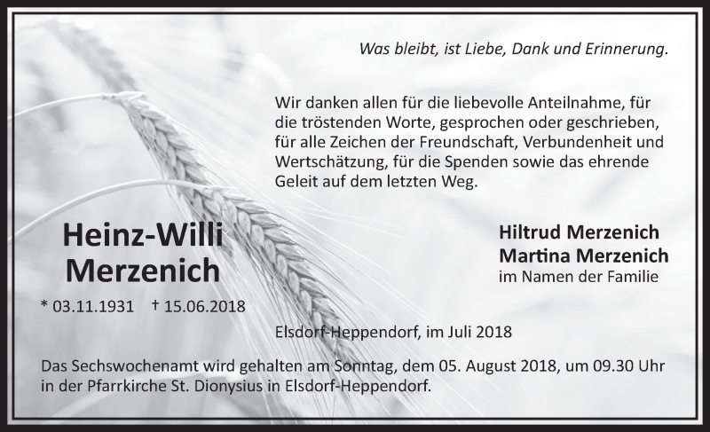  Traueranzeige für Heinz-Willi Merzenich vom 28.07.2018 aus  Sonntags-Post 