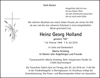 Anzeige von Heinz Georg Holland von  Anzeigen Echo 