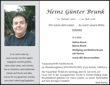 Anzeige von Heinz Günter Brunk von RB