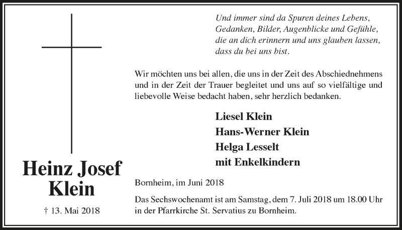  Traueranzeige für Heinz Josef Klein vom 04.07.2018 aus  Schaufenster/Blickpunkt 