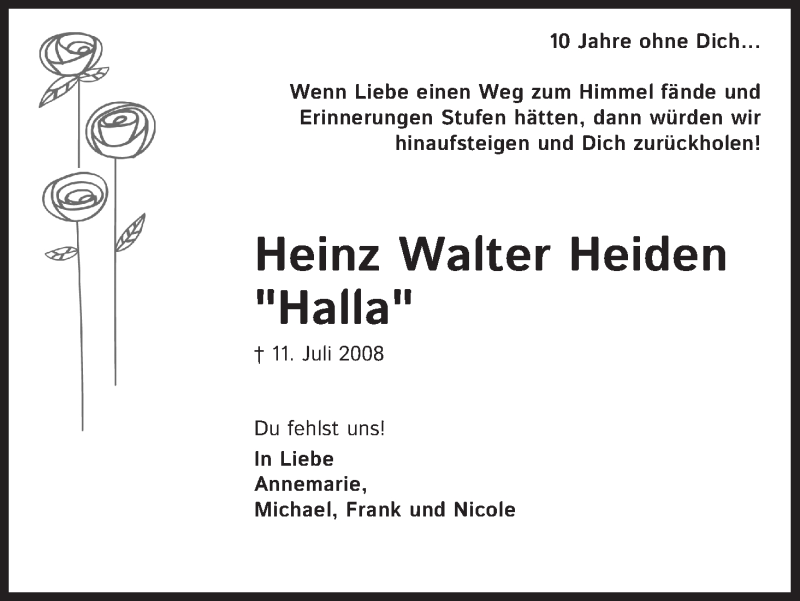  Traueranzeige für Heinz Walter Heiden vom 11.07.2018 aus EXKB