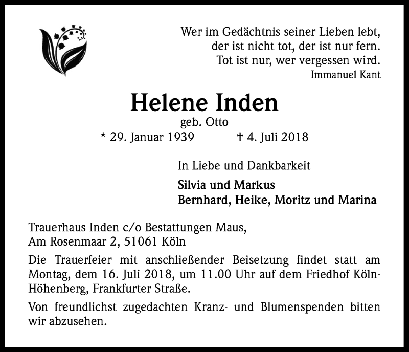  Traueranzeige für Helene Inden vom 11.07.2018 aus GS