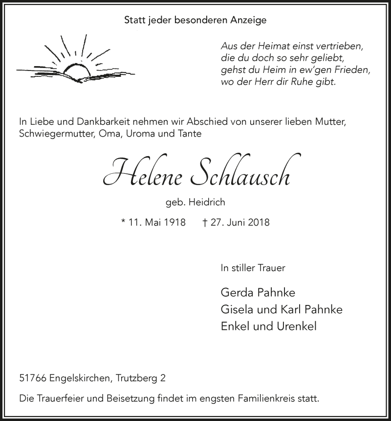  Traueranzeige für Helene Schlausch vom 04.07.2018 aus  Anzeigen Echo 