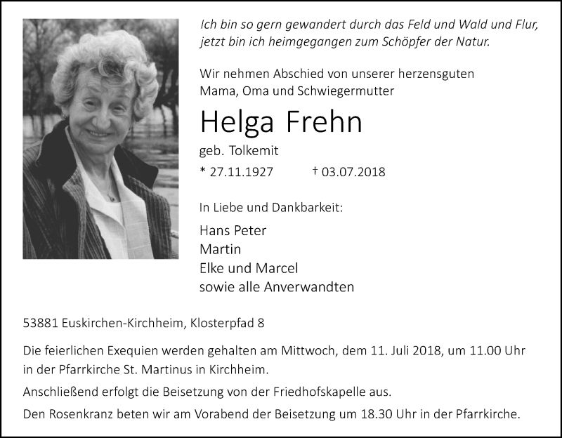  Traueranzeige für Helga Frehn vom 07.07.2018 aus EN