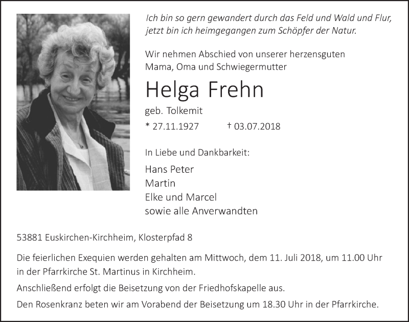  Traueranzeige für Helga Frehn vom 07.07.2018 aus  Blickpunkt Euskirchen 