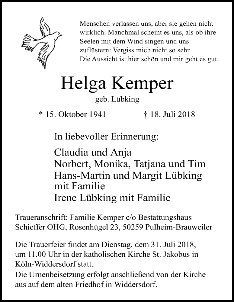 Traueranzeige für Helga Kemper vom 25.07.2018 aus GS