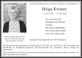 Anzeige von Helga Kremer von  Werbepost 