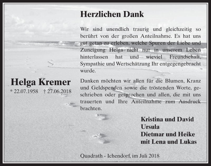  Traueranzeige für Helga Kremer vom 25.07.2018 aus  Werbepost 