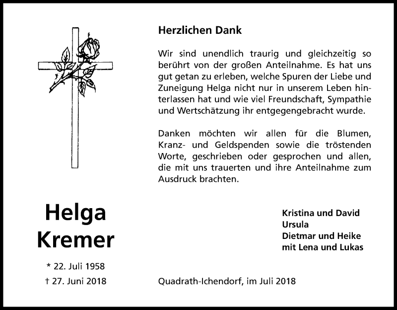  Traueranzeige für Helga Kremer vom 21.07.2018 aus BG