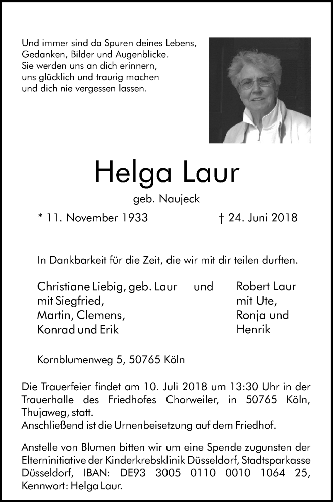  Traueranzeige für Helga Laur vom 07.07.2018 aus GS