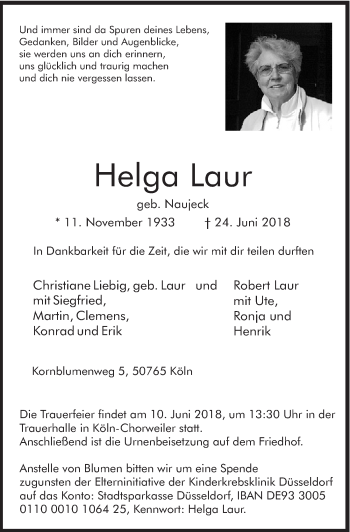 Anzeige von Helga Laur von  Kölner Wochenspiegel 