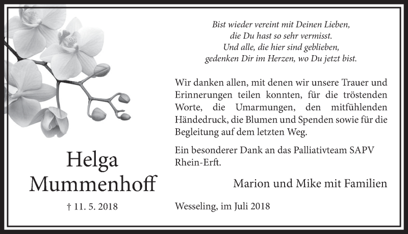  Traueranzeige für Helga Mummenhoff vom 04.07.2018 aus  Schlossbote/Werbekurier 