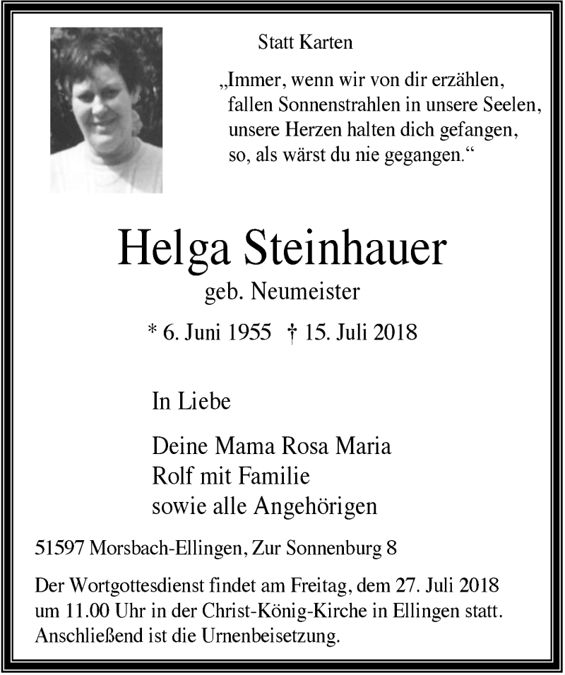  Traueranzeige für Helga Steinhauer vom 25.07.2018 aus  Lokalanzeiger 