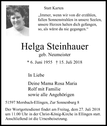 Anzeige von Helga Steinhauer von OB