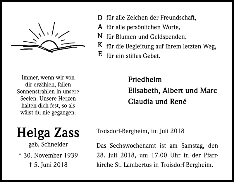  Traueranzeige für Helga Zass vom 21.07.2018 aus HS