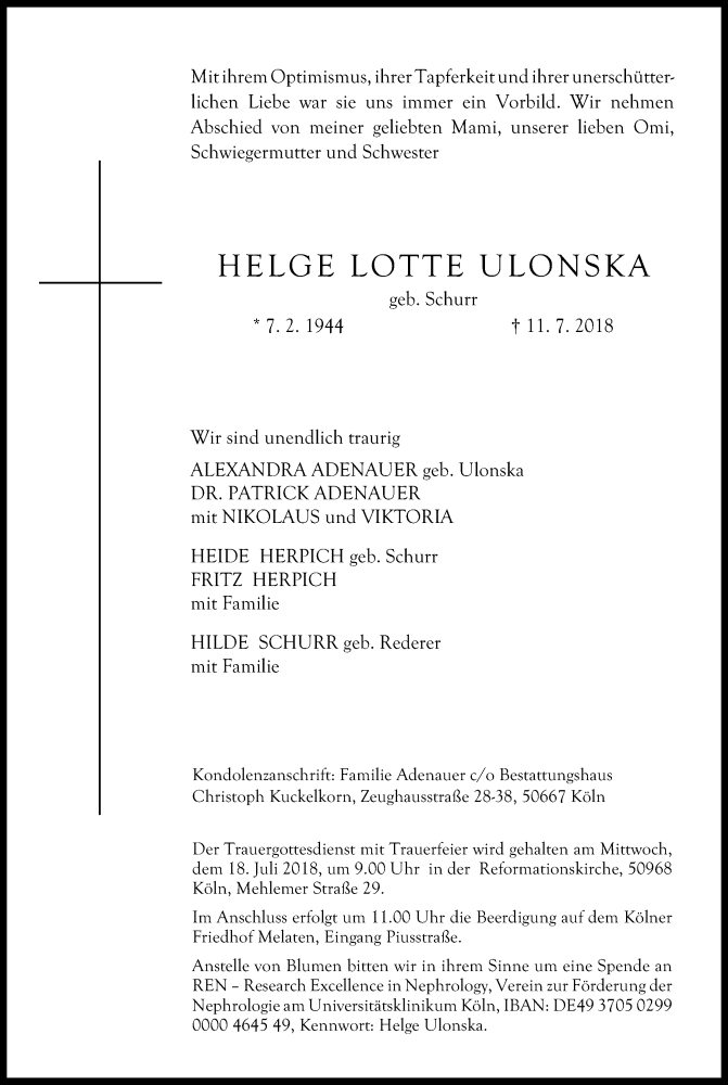  Traueranzeige für Helge Lotte Ulonska vom 14.07.2018 aus EXKB