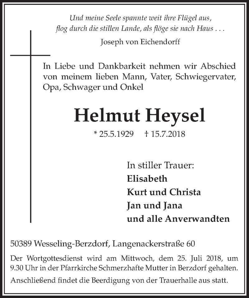  Traueranzeige für Helmut Heysel vom 25.07.2018 aus  Schlossbote/Werbekurier 