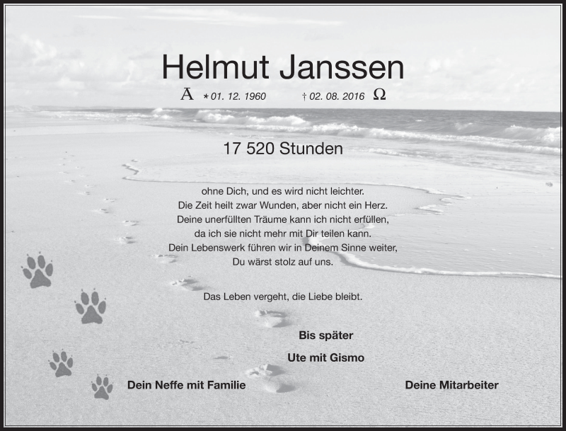  Traueranzeige für Helmut Janssen vom 01.08.2018 aus  Wochenende  Schlossbote/Werbekurier 